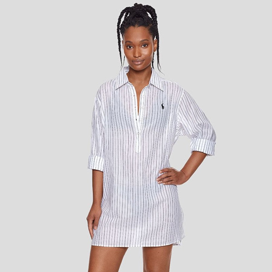 Women Polo Ralph Lauren Swimwear | Women'S Striped Cotton Long Shirt Cover-Up