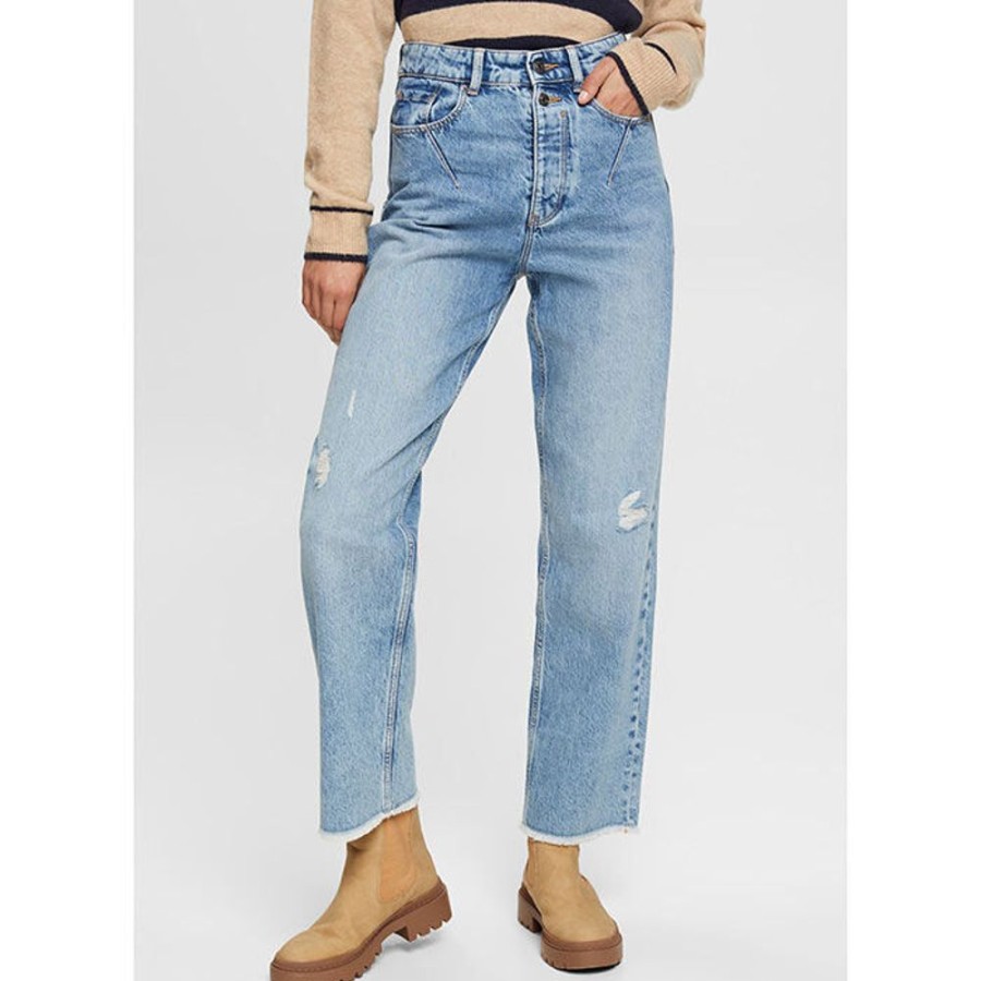 Women Esprit Denim | Women'S High Rise Distressed Dad Fit Jean