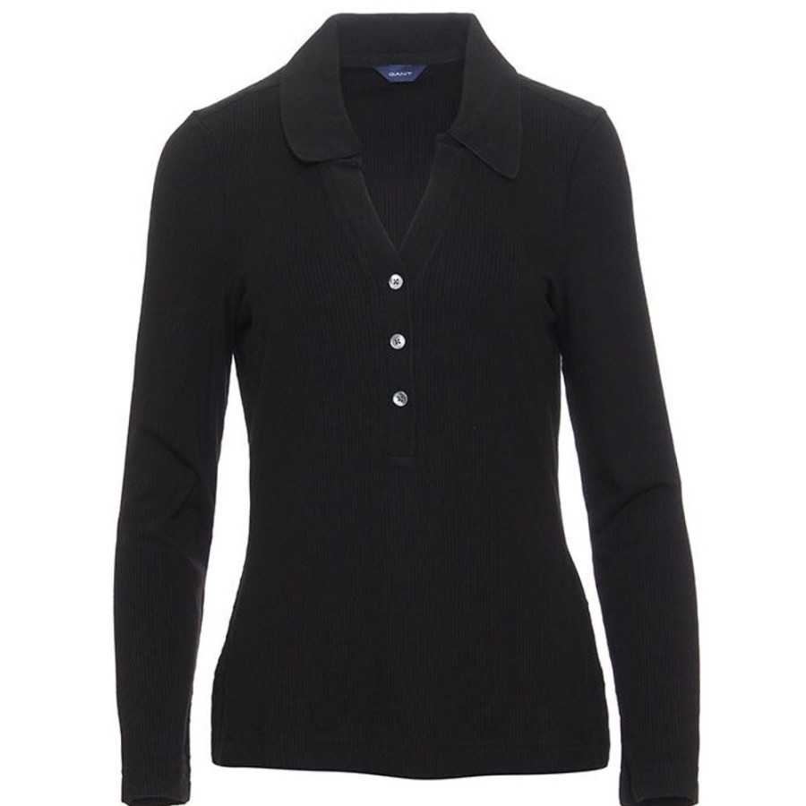 Women GANT Tops | Women'S Ribbed Polo Long Sleeve Top