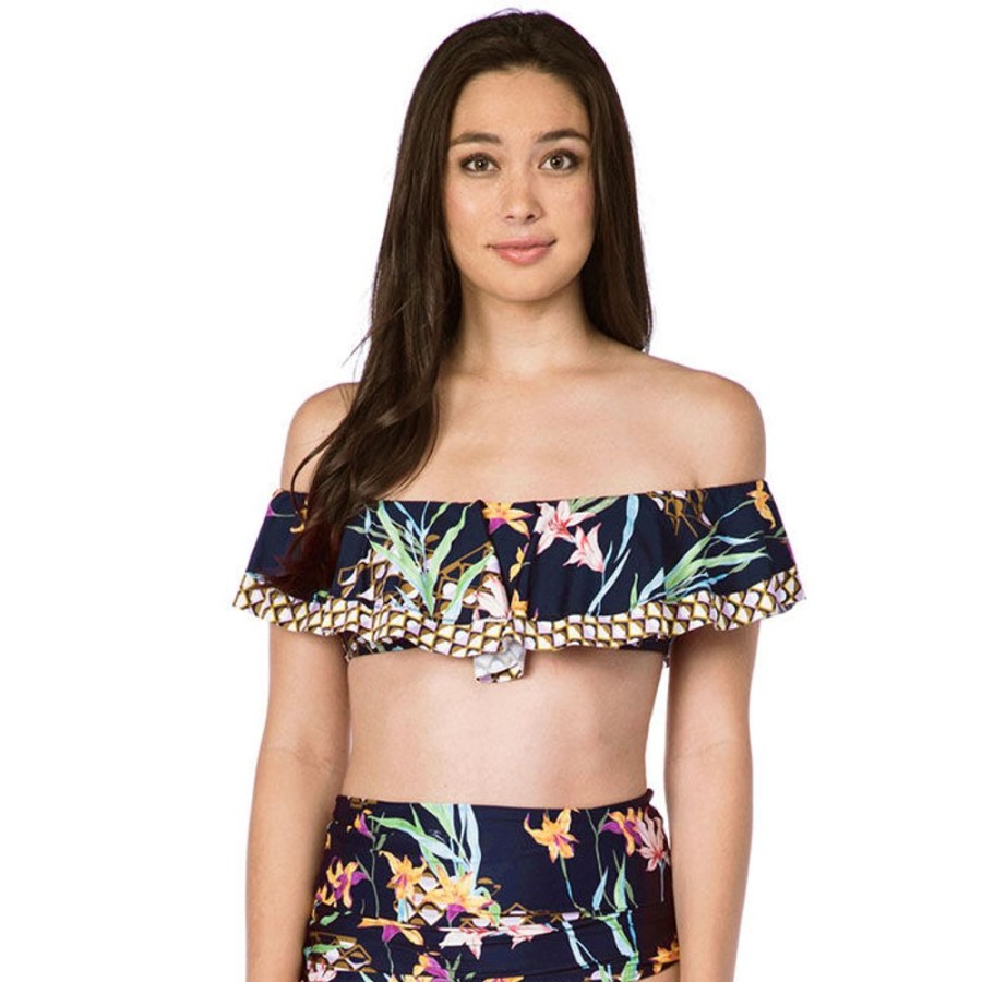 Women Trina Turk Swimwear | Women'S Fiji Floral Off-The-Shoulder Bandeau Bikini Top