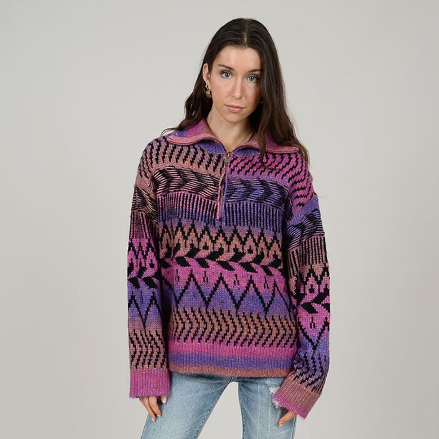 Women Oak & Ivy Sweaters | Women'S Pop Pattern Half-Zip Sweater