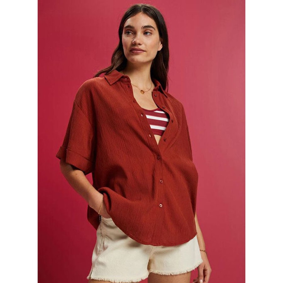 Women Esprit Tops | Women'S Oversized Crinkle Shirt Blouse