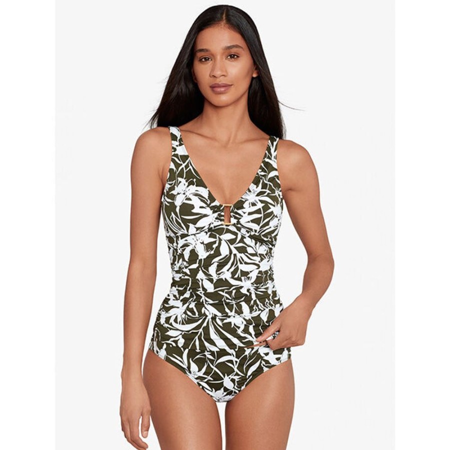 Women Lauren Ralph Lauren Swimwear | Women'S Floral Shirred Ring-Front Tankini Top