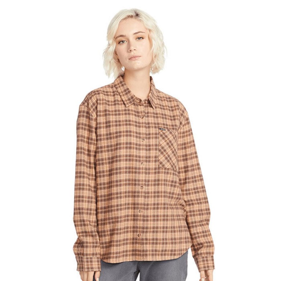 Women Volcom Tops | Women'S Plaid To Meet U Long Sleeve Shirt